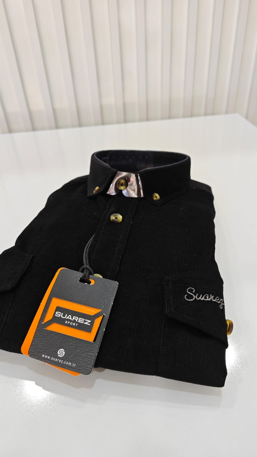 21 Fitil %100 Pamuk İthal Kadife Çift Cep Kapaklı Slimfit Siyah Gömlek